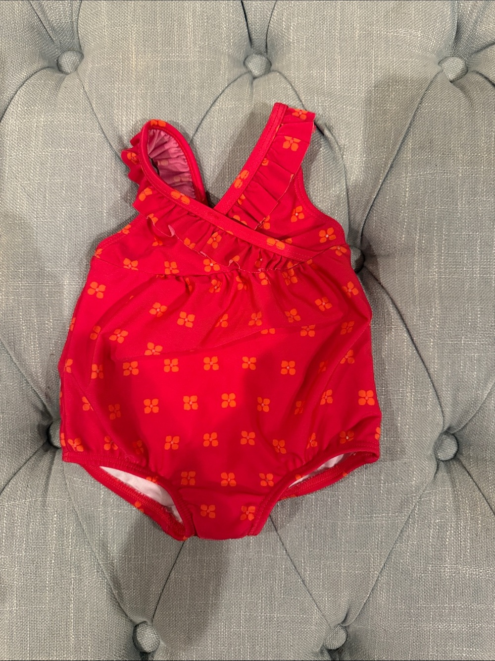 Gymboree Red One-Piece Swimsuit with Orange Flower Print